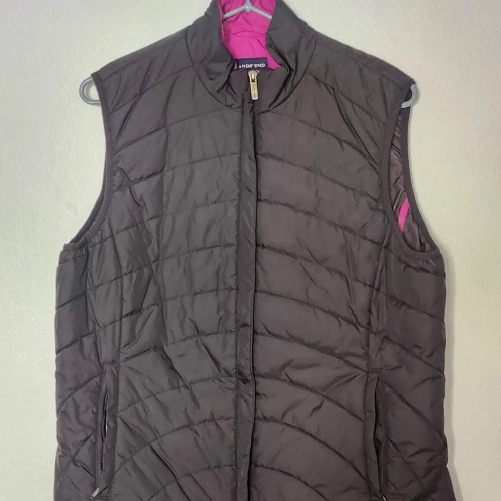 Lands' End Women's Brown/Gray Quilted Vest Pink Accents